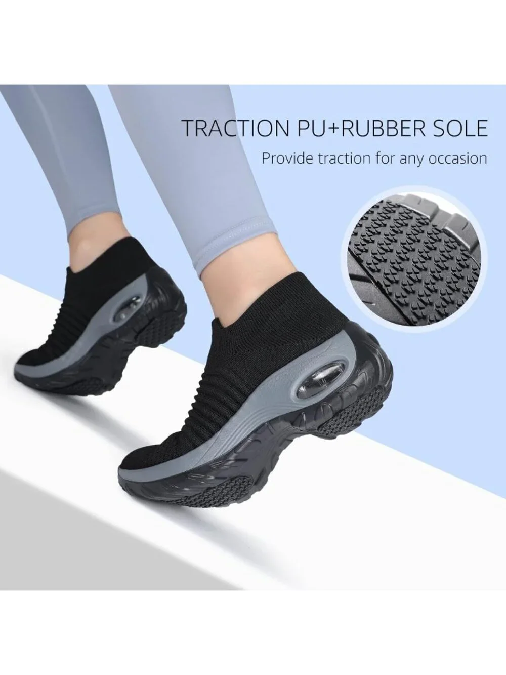 Women's Black Walking Arch Support Non Slip Breathable Knit Upper Sneaker Shoes